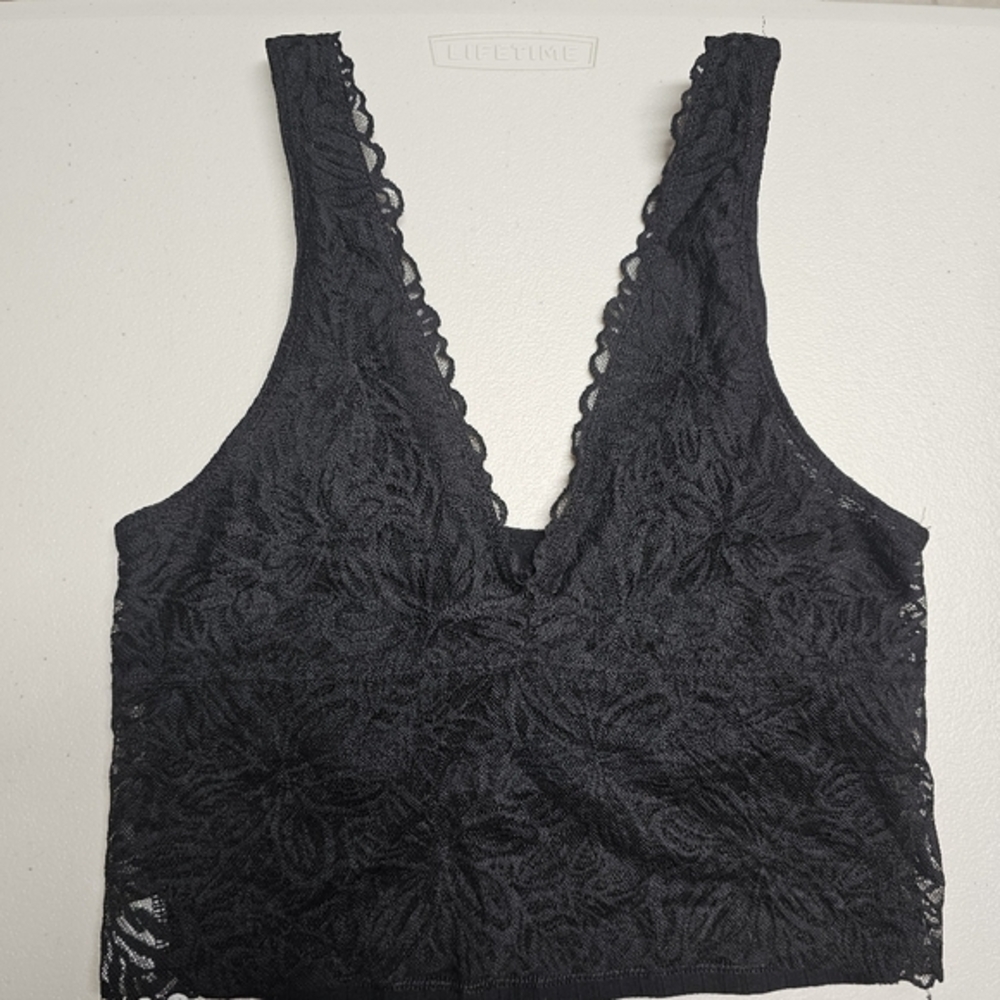 Aerie Black Floral Lace V-Neck Bralette Ribbed Back Pull-On Small‎ S/P